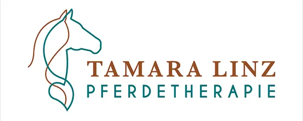 Logo der Praxis in form eines Pferdekopf in minimalistischem Linienstiel. Farben Petrol und Orange